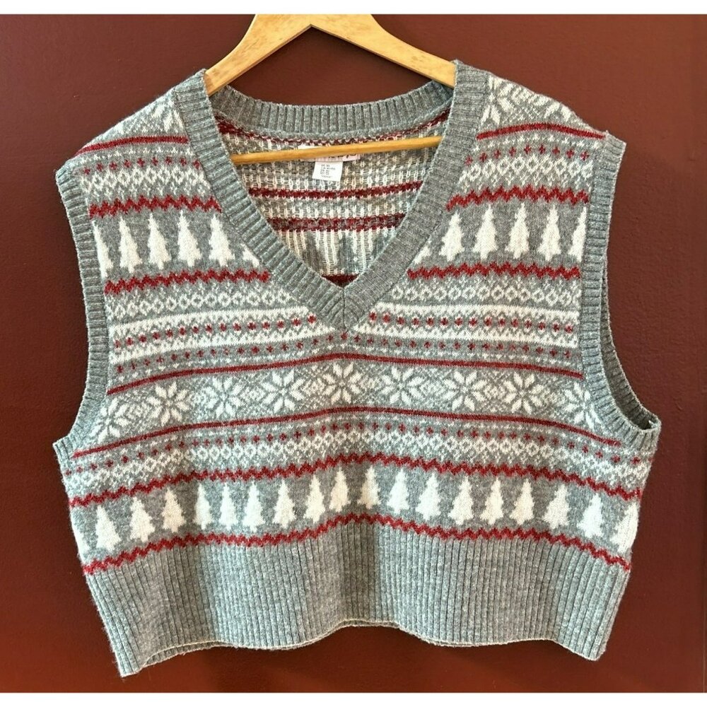 London Kaye Women's Gray Fair Isle Sleeveless Holiday Sweater Vest XL Country